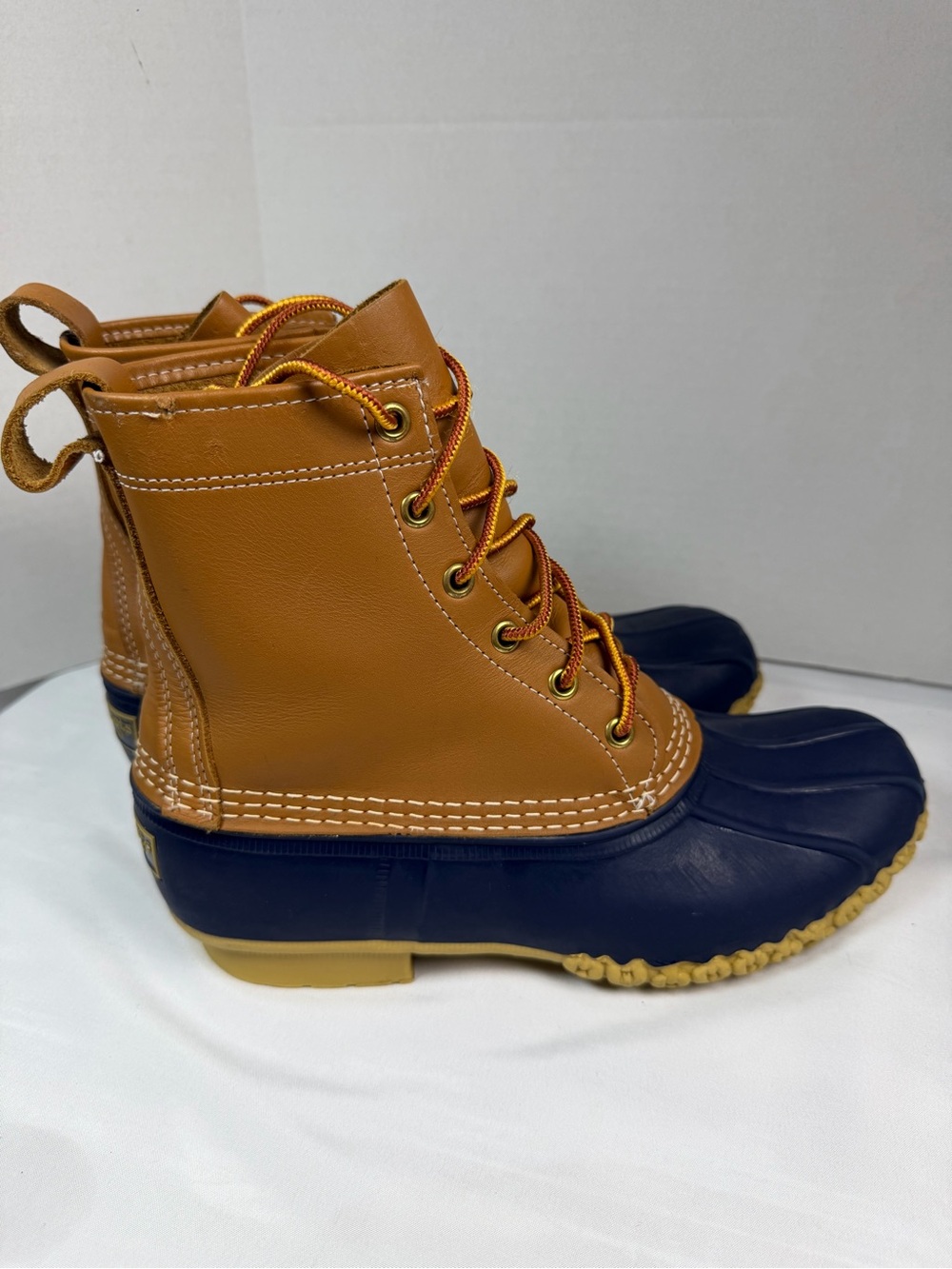 LL Bean Boots Tan Leather Navy Rubber Duck Boot Outdoors Size 9M See Note - Picture 6 of 11